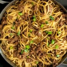 15 Minute Mongolian Noodles with Ground Beef - Shaken Together